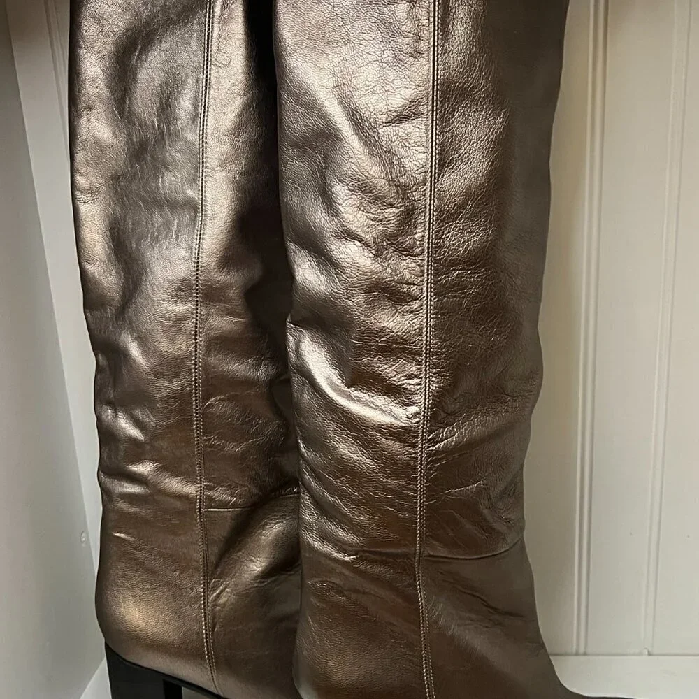 Free People Grayson Women's Leather Knee High Boots with Block Heel in Bronze 39